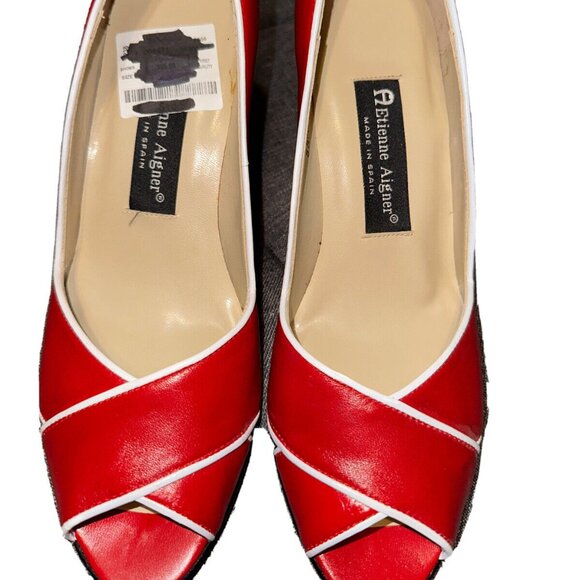Etienne Aigner Shoes - Etienne Aigner Red/White Peep Toe Slip On Thick Block Heel Leather Size 8.5 M